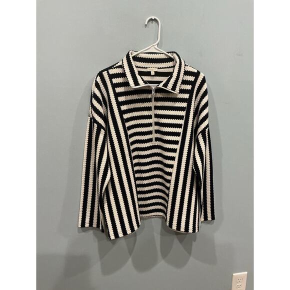 Talbots Sweaters - Talbots Womens Popover Top XL Navy Blue White Striped Textured Nautical Preppy